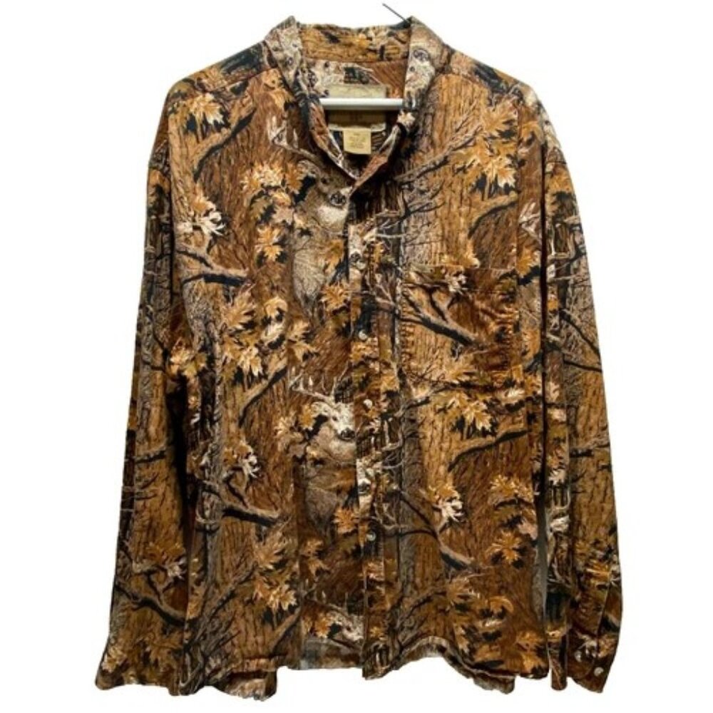 Outdoor Life Button Up Shirt Men's XXL Brown Camo Hunting Fishing Long Sleeve‎